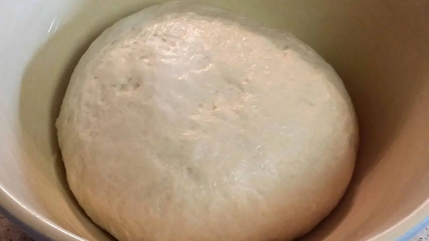 sourdough pretzel dough in buttered bowl after rise