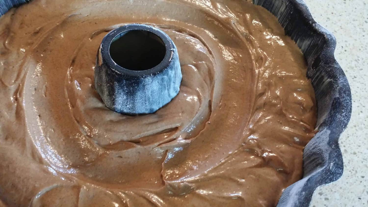 chocolate poundcake batter in the pan