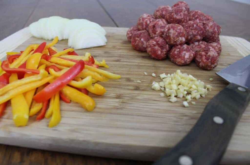 Italian Sausage Pepper and Rice Skillet Ingredients ready for the skillet