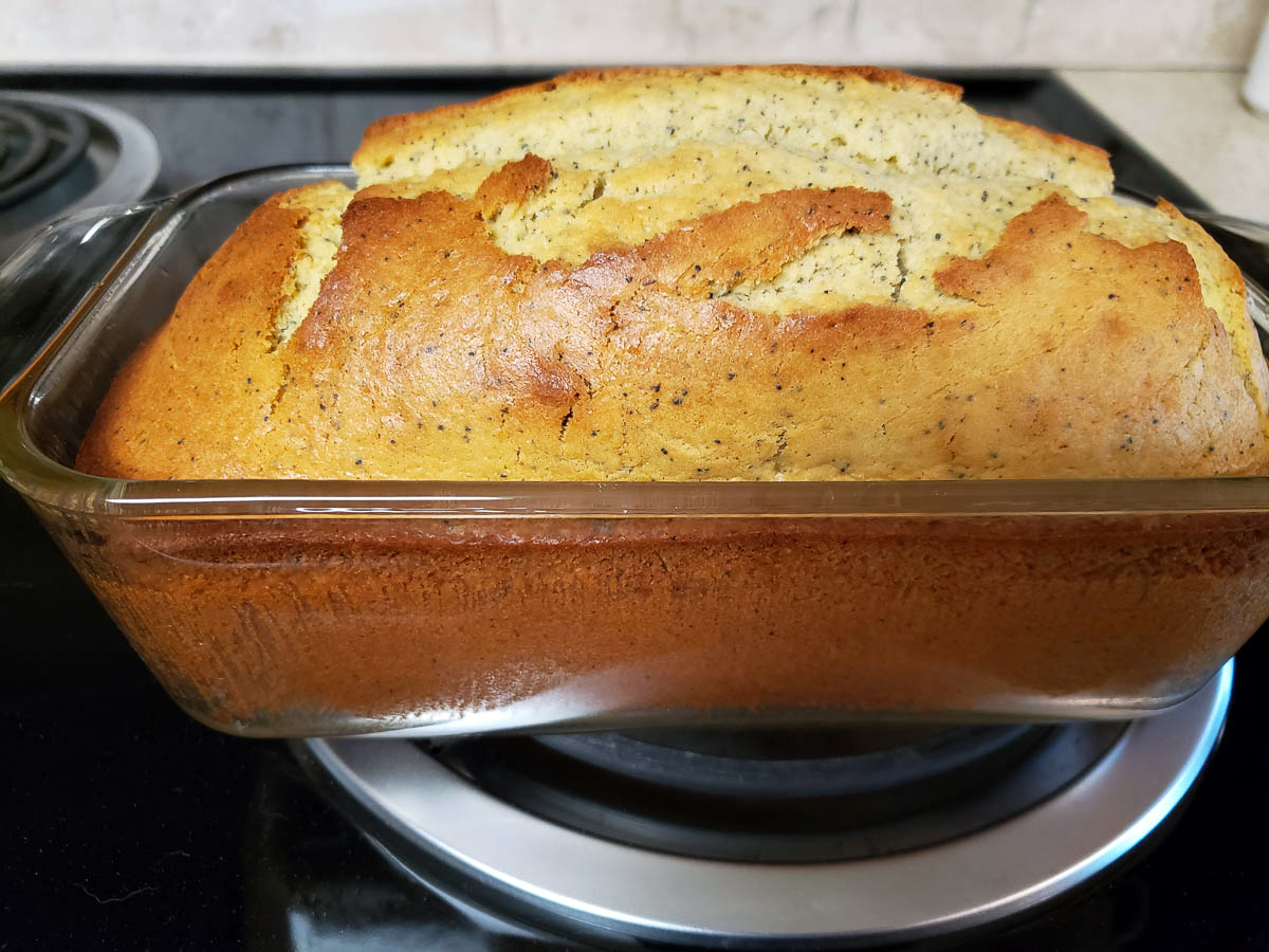 baked Sourdough Vanilla Chai Latte Bread in loaf pan on stove top